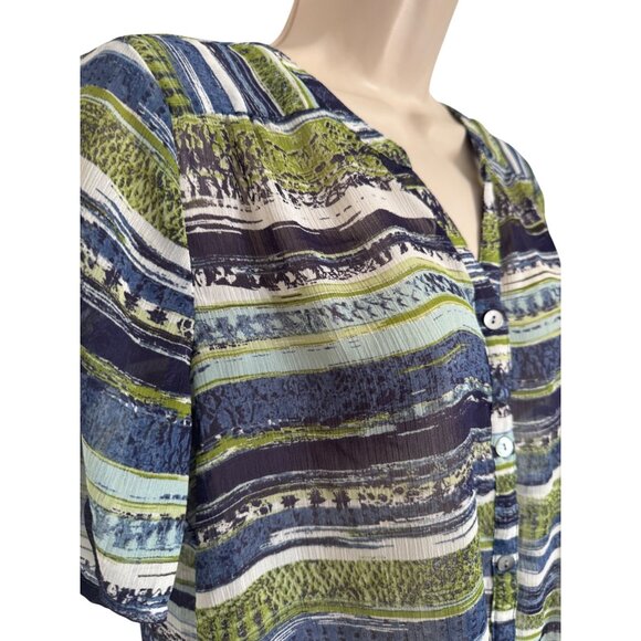 Westport 1962 Button Up Size Petite Medium Semi Sheer Tie Waist Blue Green Strip - Picture 3 of 8